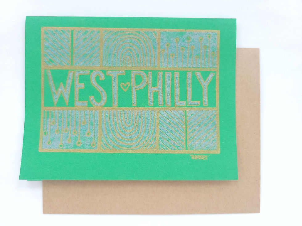 Thumbnail: West Philly card, Emerald, Threet gocco