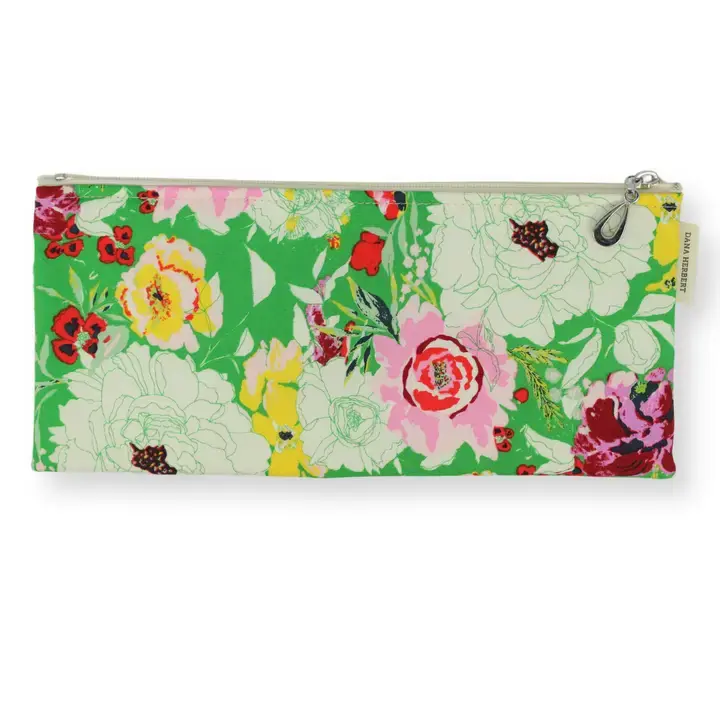 Brush Pencil Bag, Pink Peony on Green