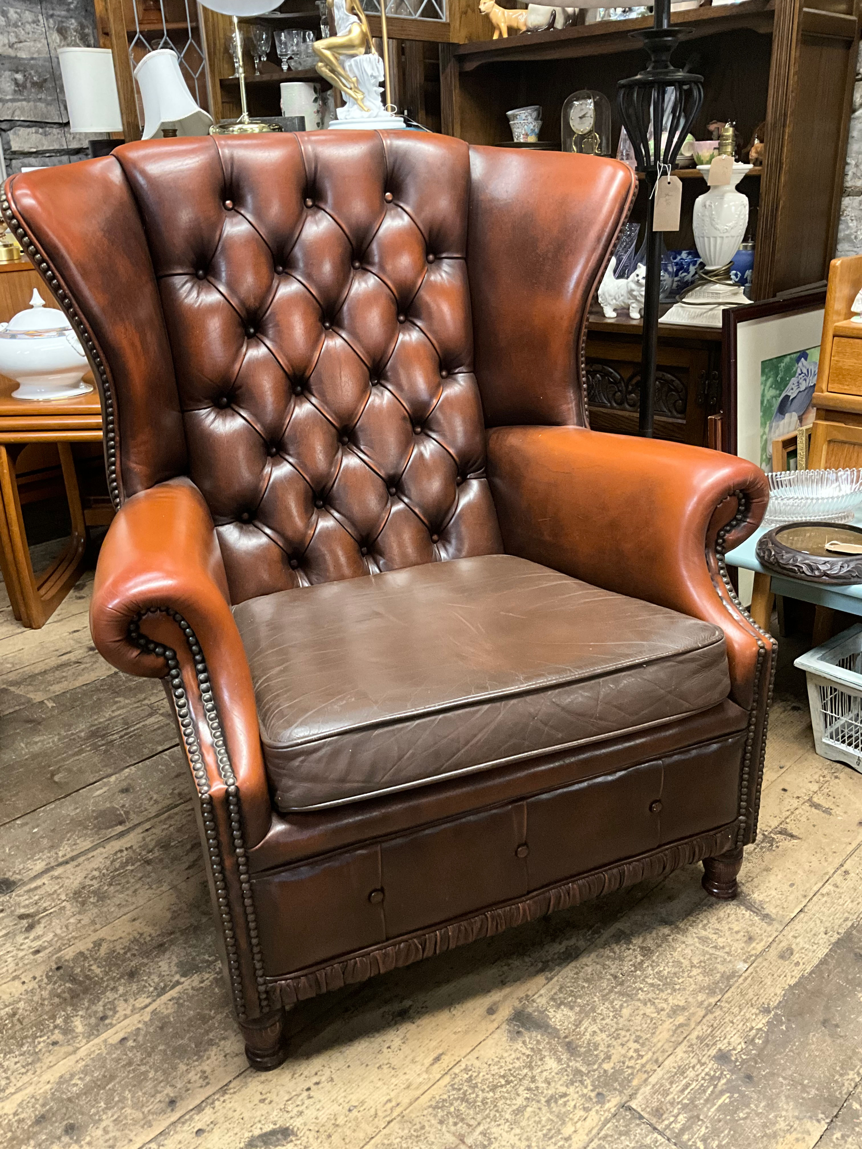 Vintage Brown Wingback Leather Chesterfield Armchair