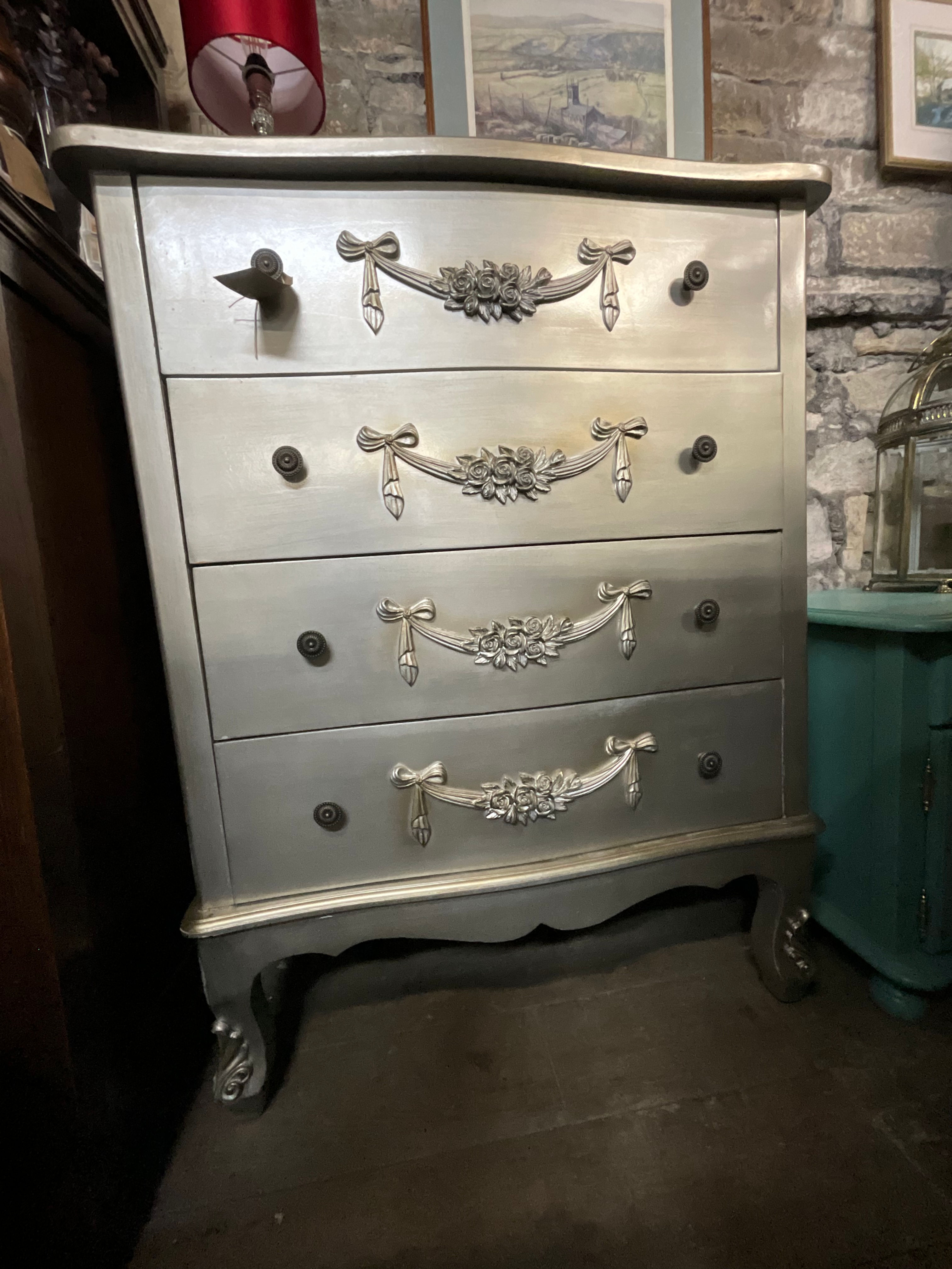 Rococo French Inspired Chest of Drawers in Silver