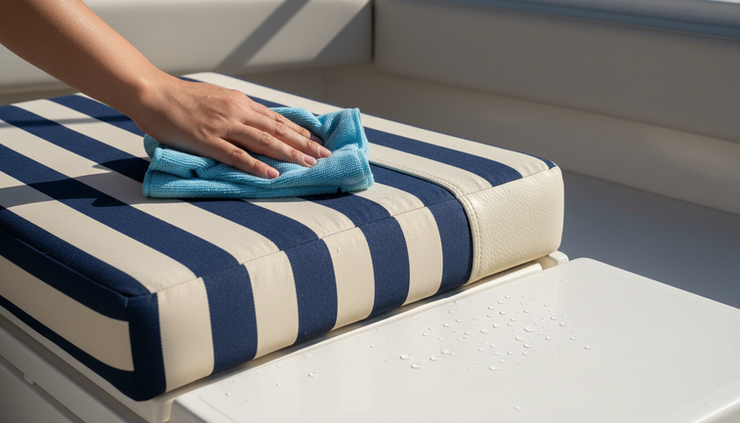 Close-up view of a soft cloth wiping a newly dyed boat cushion in a cockpit