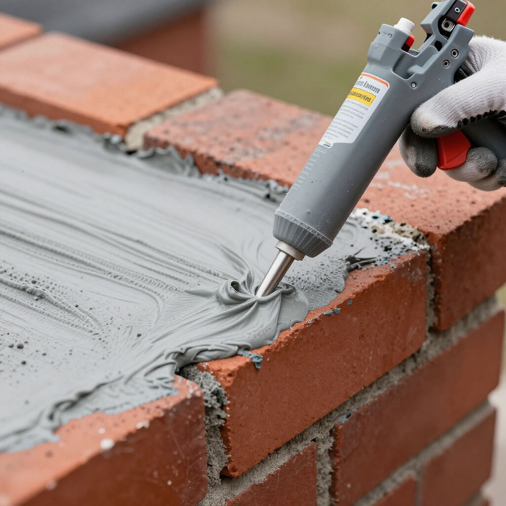 Gloved hand applying mortar to brick joints