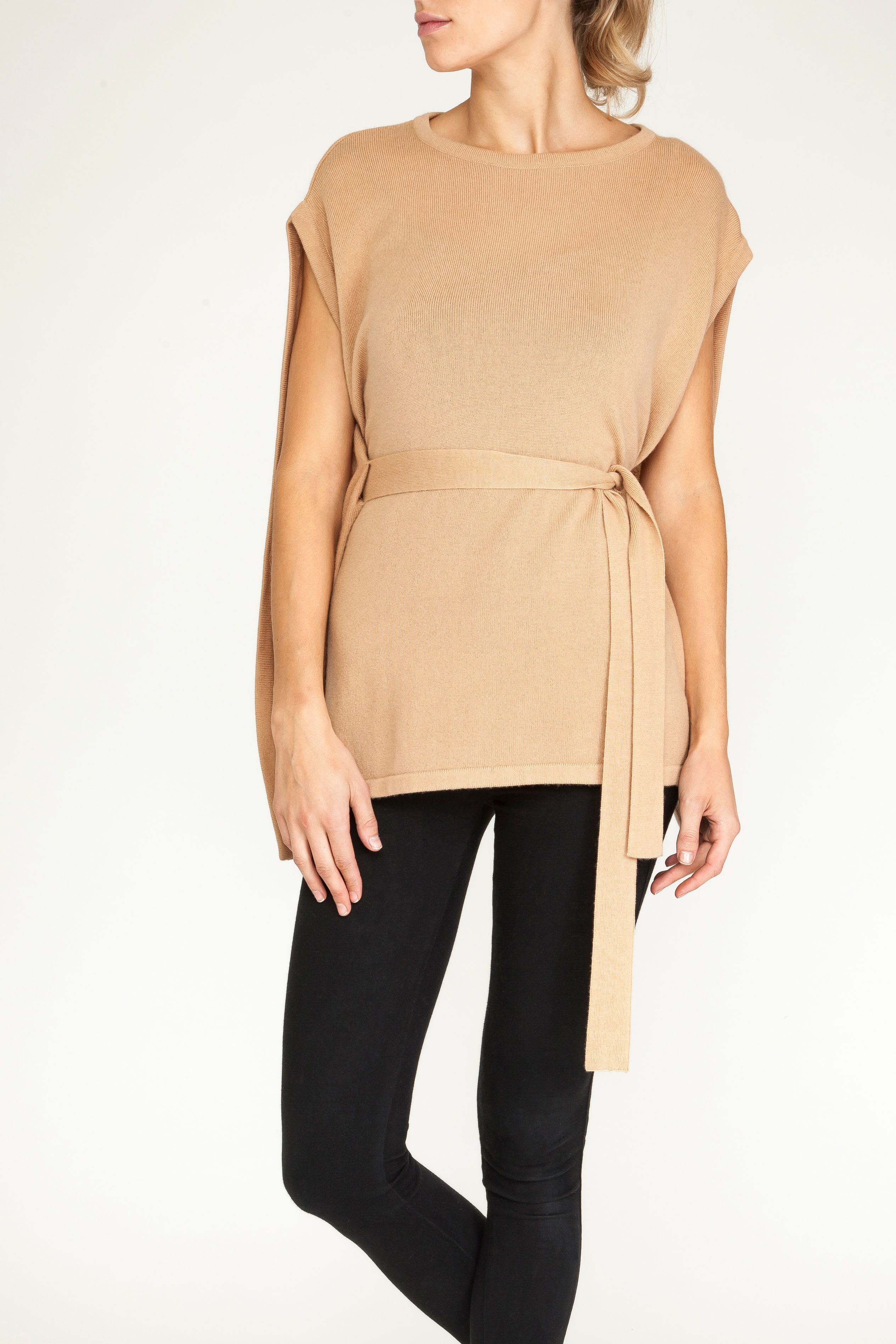 Cashmere belted cape poncho in camel