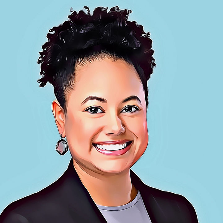 Austin Pro Photo's studio portrait of a beautiful young ethnic business woman with a big smile on a blue background. There is a cartooned filter effect applied.