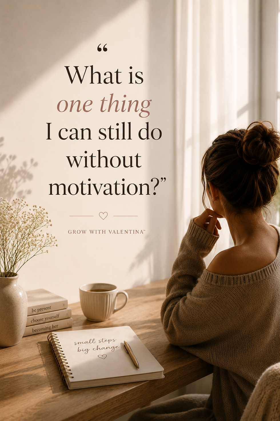 Woman at a wooden desk in soft light, beside a notebook and coffee, under the quote What is one thing I can still do without motivation?