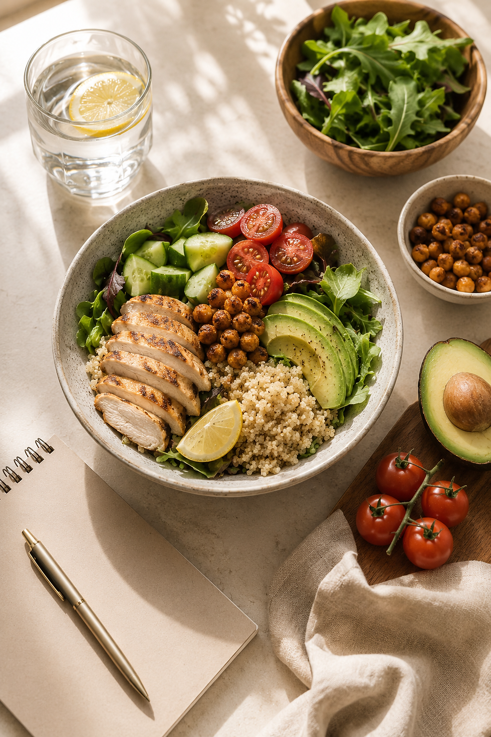 Healthy salad bowl with chicken, quinoa, avocado, chickpeas and veggies, beside lemon water, greens, tomatoes, avocado, notebook and pen