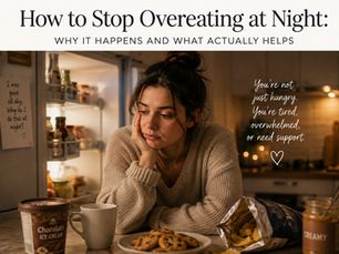 Woman in a quiet evening kitchen struggling with nighttime overeating and food cravings after dinner, illustrating emotional eating, stress eating and how to stop overeating at night.