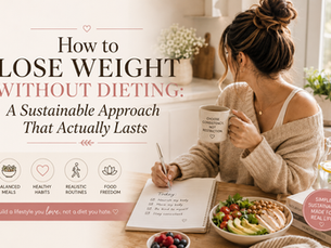Woman in cozy kitchen holds mug and writes beside healthy food; text says How to Lose Weight Without Dieting.