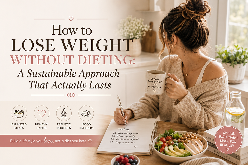 Woman in cozy kitchen holds mug and writes beside healthy food; text says How to Lose Weight Without Dieting.