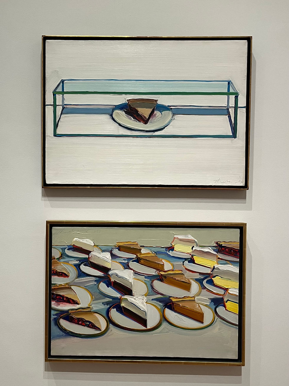 What was one is now sixteen… Installation shot of Caged Pie, 1962, and Pie Rows, 1961, Oil on Canvas, San Diego Museum of Art and Collection of the Wayne Thiebaud Foundation. Image: Madeline Cheeseman
