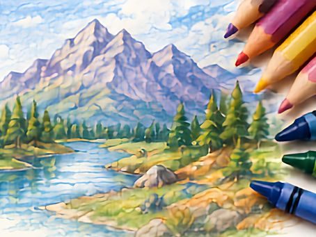 “Beginner’s Guide to Pencil and Crayon Colouring: Easy Techniques for Beautiful Results”, featuring colourful pencil and crayon illustrations, a mountain landscape, and beginner-friendly tips for circular strokes, layering, blending, gradients, highlights, shadows, colour choices and crayon techniques.