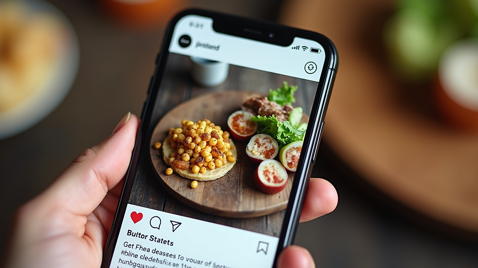 Close-up view of a smartphone screen showing a local business Instagram post with vibrant food photography