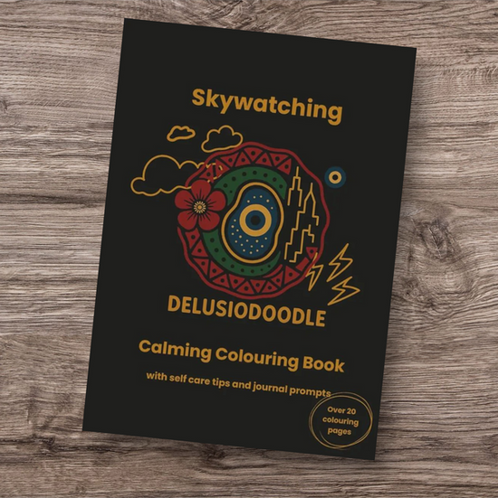 Front cover of a "Skywatching" colouring book. The front cover features vibrant abstract artwork with bold shapes, patterns, and colours, along with the book title and subtitle.