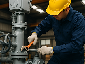 Technician inspecting industrial valve and actuator equipment for district cooling systems.