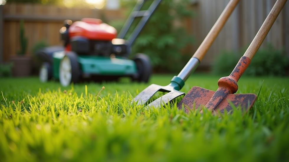 Close-up view of garden tools and lawn mower on a green lawn