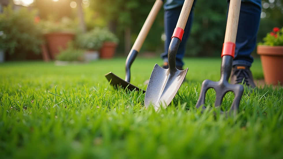 Close-up view of garden tools and freshly cut grass on a lawn