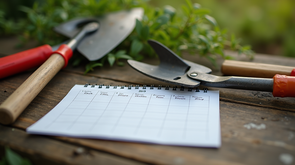 Close-up view of garden tools and a calendar showing scheduled maintenance