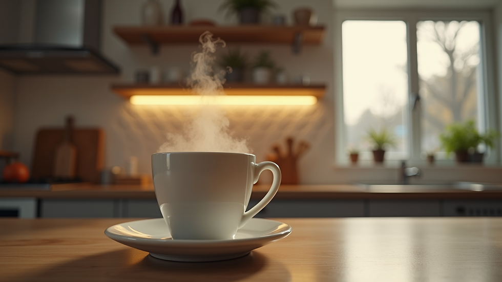Eye-level view of a cozy kitchen with a steaming cup of coffee on the counter