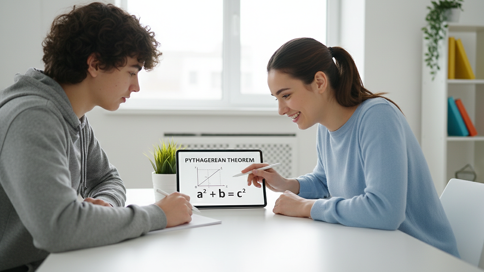 Eye-level view of a tutor explaining math problems to a student
