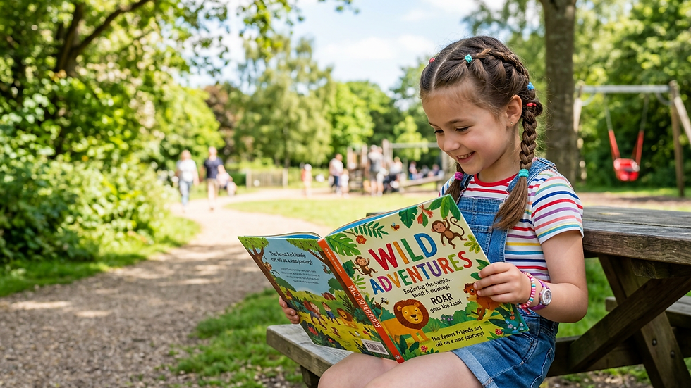 Eye-level view of a child reading a colorful book outdoors