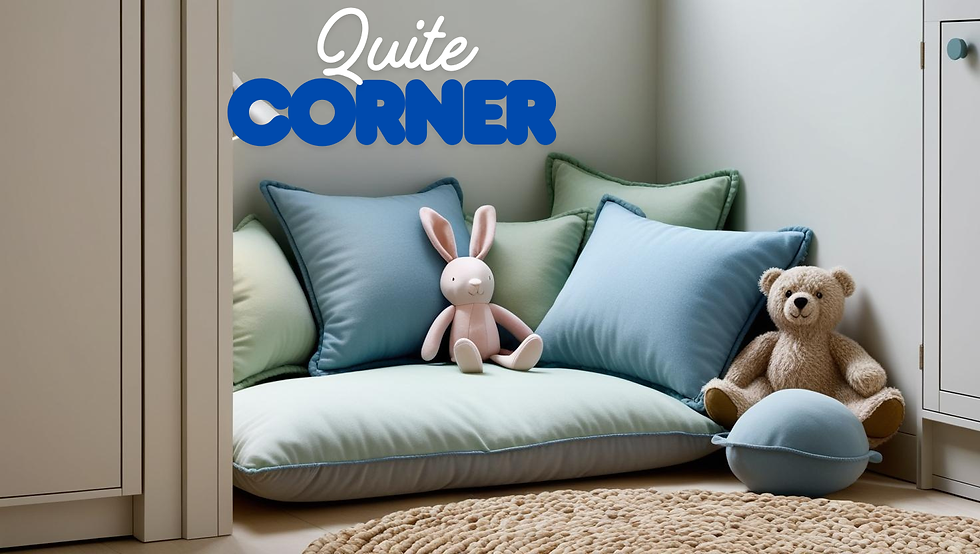 Cozy corner with plush pillows in blue and green. Rabbit and teddy bear sit calmly. Soft rug on floor. Text: Quite Corner. Mood: serene.