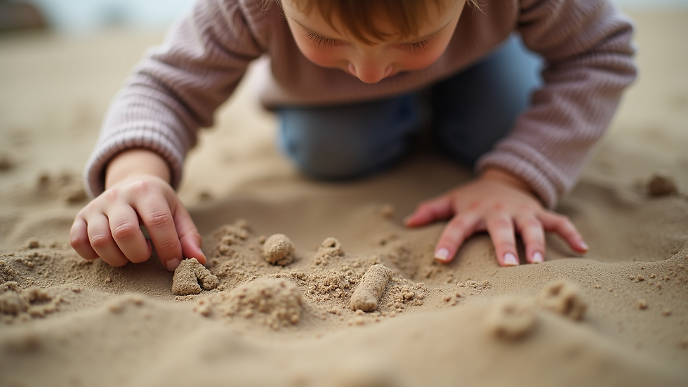 Eye-level view of a child tracing letters in sand during a learning session