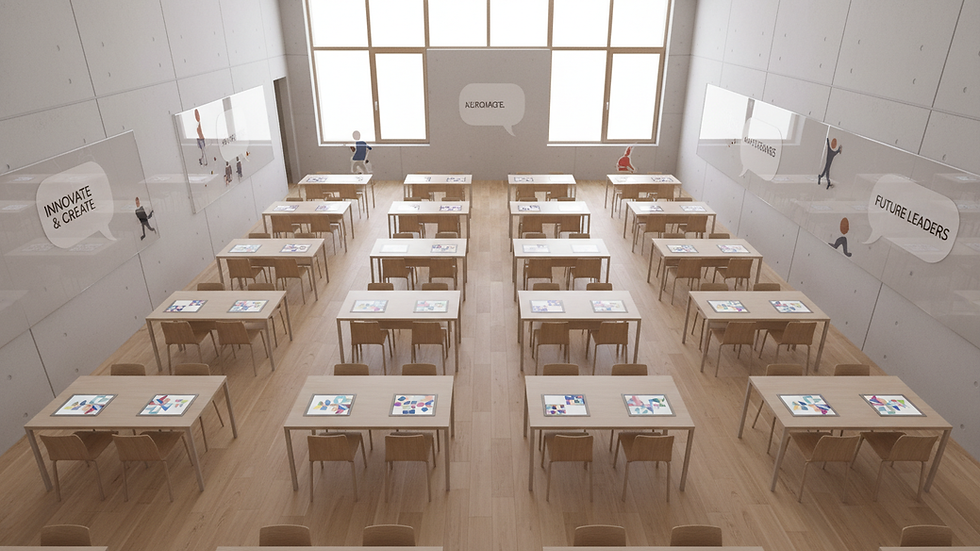 High angle view of an empty classroom with rows of desks