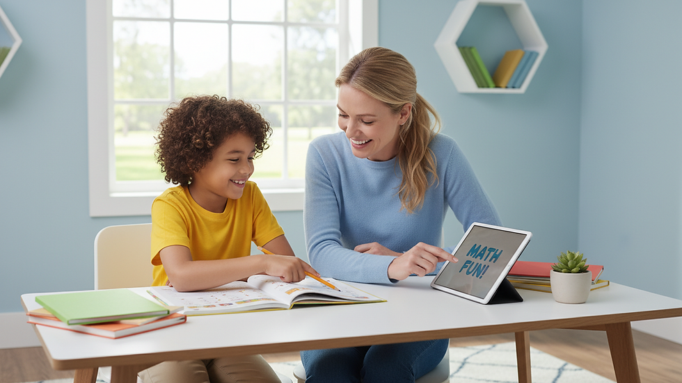 Eye-level view of a tutoring session with a child and tutor at a desk