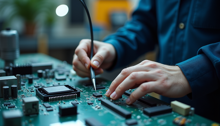 Close-up view of a technician diagnosing a computer motherboard with diagnostic tools