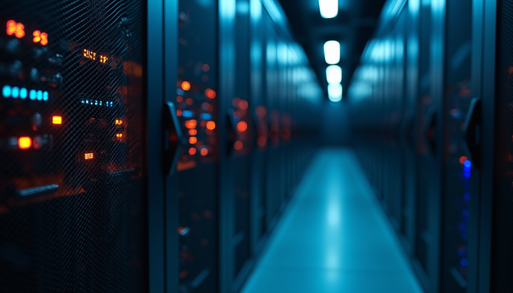 Eye-level view of a server rack with blinking lights indicating active hardware