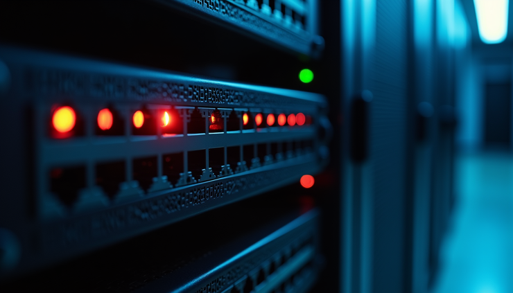 Eye-level view of a network switch with blinking indicator lights