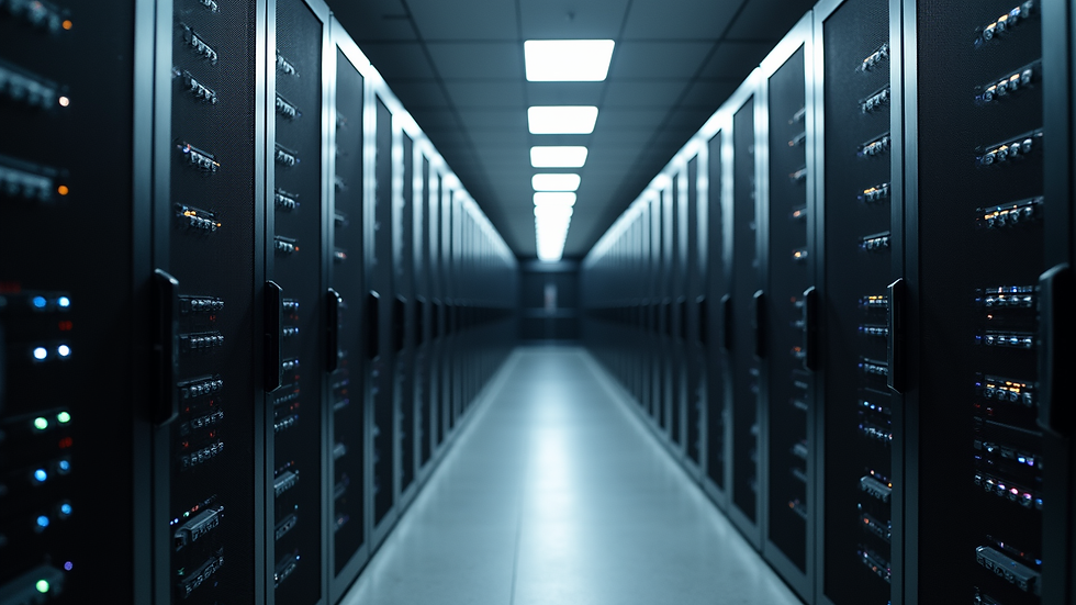 High angle view of a server room with organized equipment