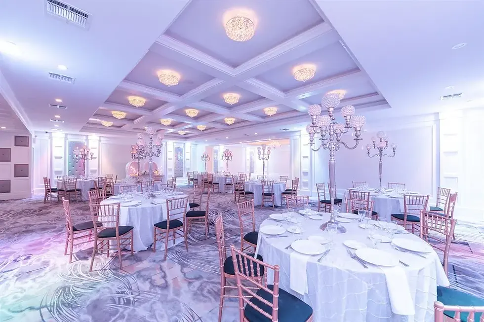 Grand Plaza Quinceañera venue in Staten Island NYC with elegant ballroom, chandeliers and banquet tables