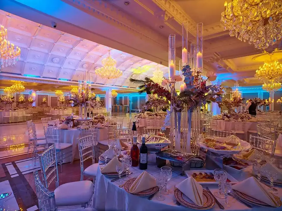 Metropolitan Ballroom Quinceañera venue in Brooklyn NYC with elegant chandeliers, floral centerpieces and banquet tables