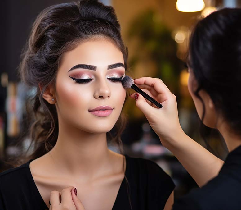 A Sweet 16 celebrant sits gracefully as a makeup artist applies eyeshadow, showcasing her beautiful skin complexion, soft brown hair, and natural pink lips. The well-lit room adds to the elegance of the moment, highlighting her radiant features.