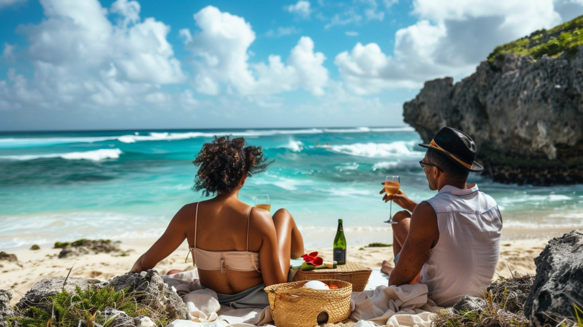 A couple is enjoying a picnic by the beach, with clear blue water in the background. The man is wearing a black hat and holding a glass of champagne. The woman is dressed in a peach-colored top and gray bottoms, gazing at the waves and the beautiful blue sky adorned with fluffy white clouds.