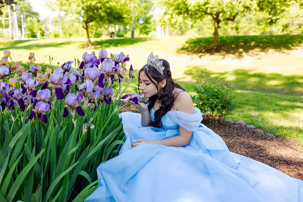 nyc-quinceanera-photographer-fja-photography-blue-gown-garden-portrait-purple-irises