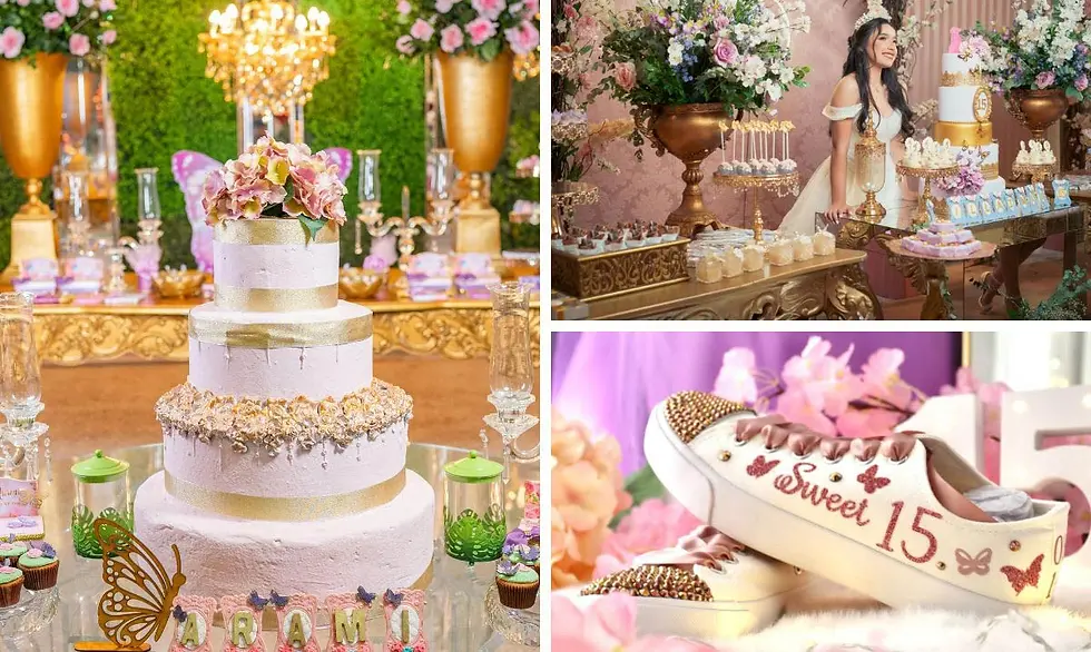 nyc-quinceanera-photographer-fja-photography-sweet-15-cake-table-decor-rhinestone-sneakers-pink-gold-collage
