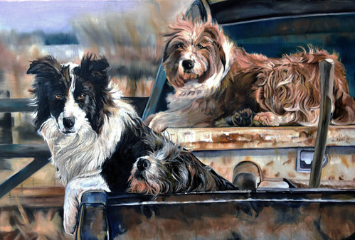 Waiting on Orders, by Bobbe Jones, is a painting of dogs in the back of a truck