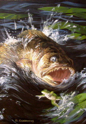 Fast Food, by Donna Goeddaeus, is an active painting of a bass fish lunging from the water toward a leaping frog