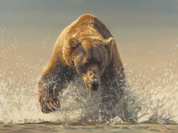Unstoppable, by James Zimmer, action painting of a bear in water