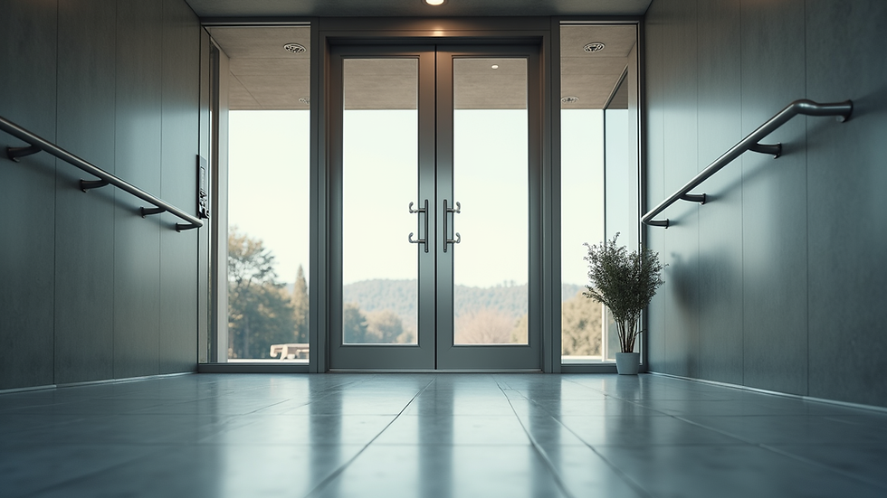 Eye-level view of modern glass door with aluminum frame