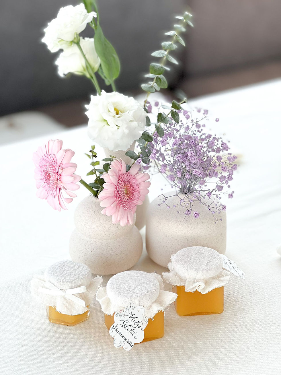 Miniatură: aranjament botez in vaze mici roz mov alb