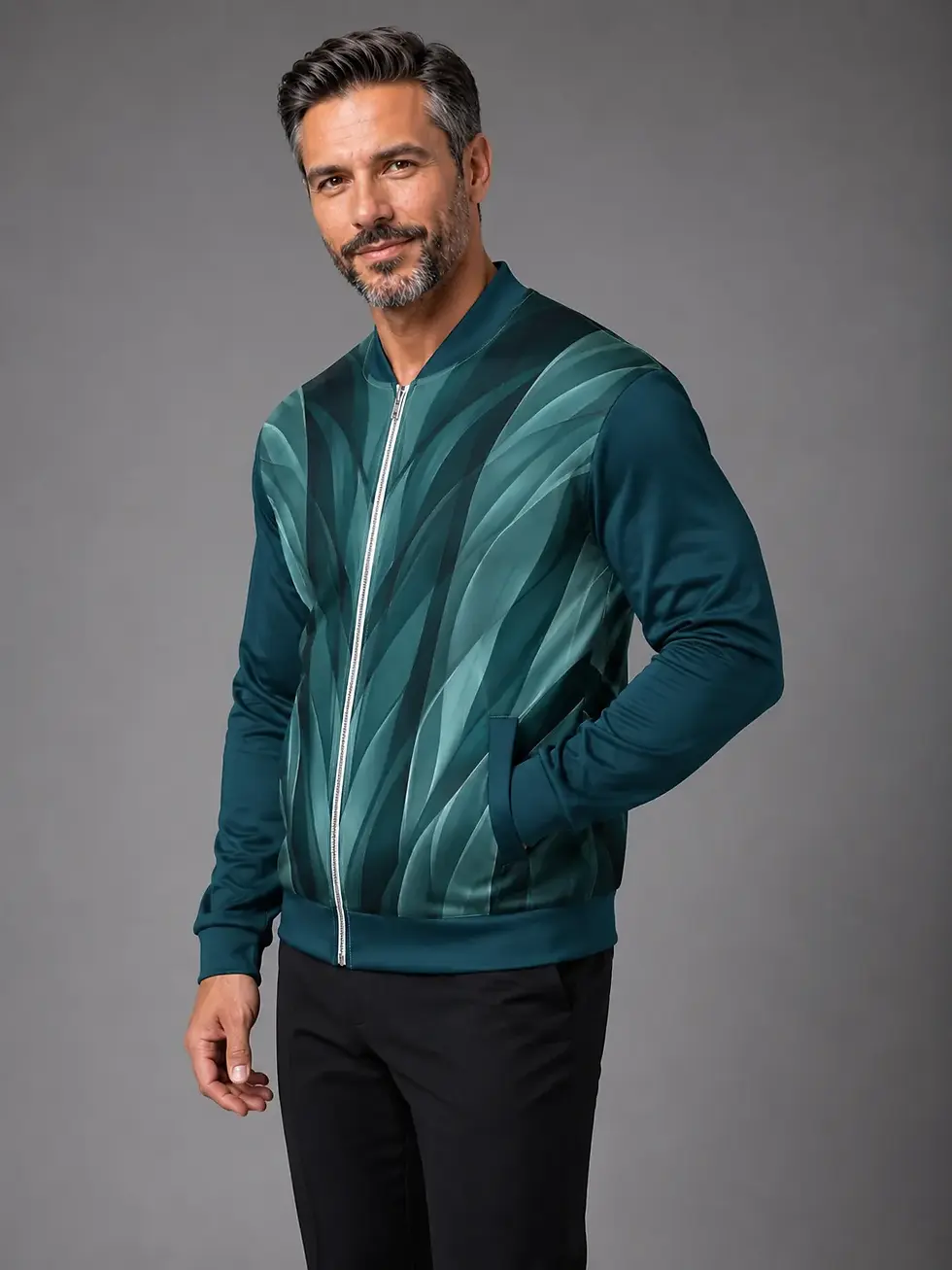 Thumbnail: Man modeling the Strata Deep Teal Bomber in a three-quarter front view, looking right