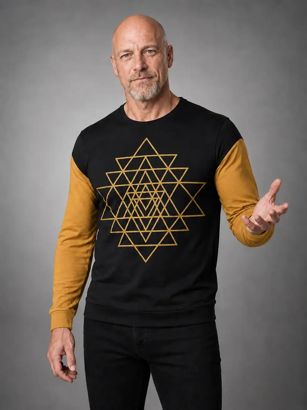 Thumbnail: Meridian Raglan in Obsidian and Gilded Gold, model front view with hand gesture