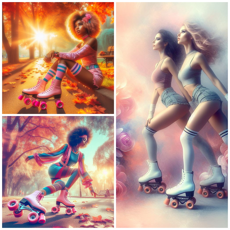 collage of young women in roller skates with autum and flower backgrounds