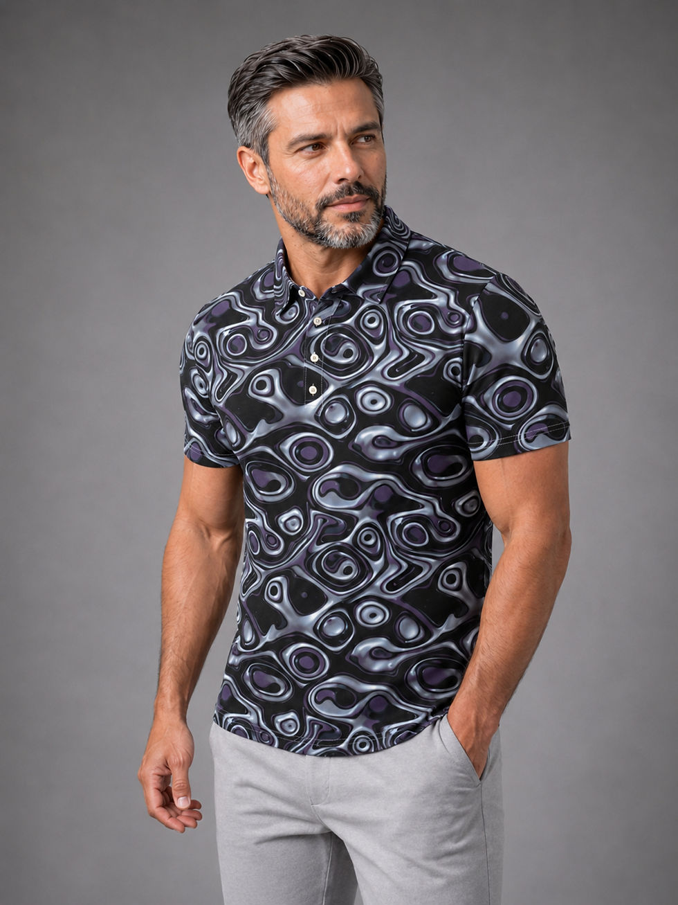 Thumbnail: Molten Flux Polo in Mercury Amethyst, model three-quarter front view