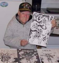 Joe Sinnott Holding my inks of his pencilled art.