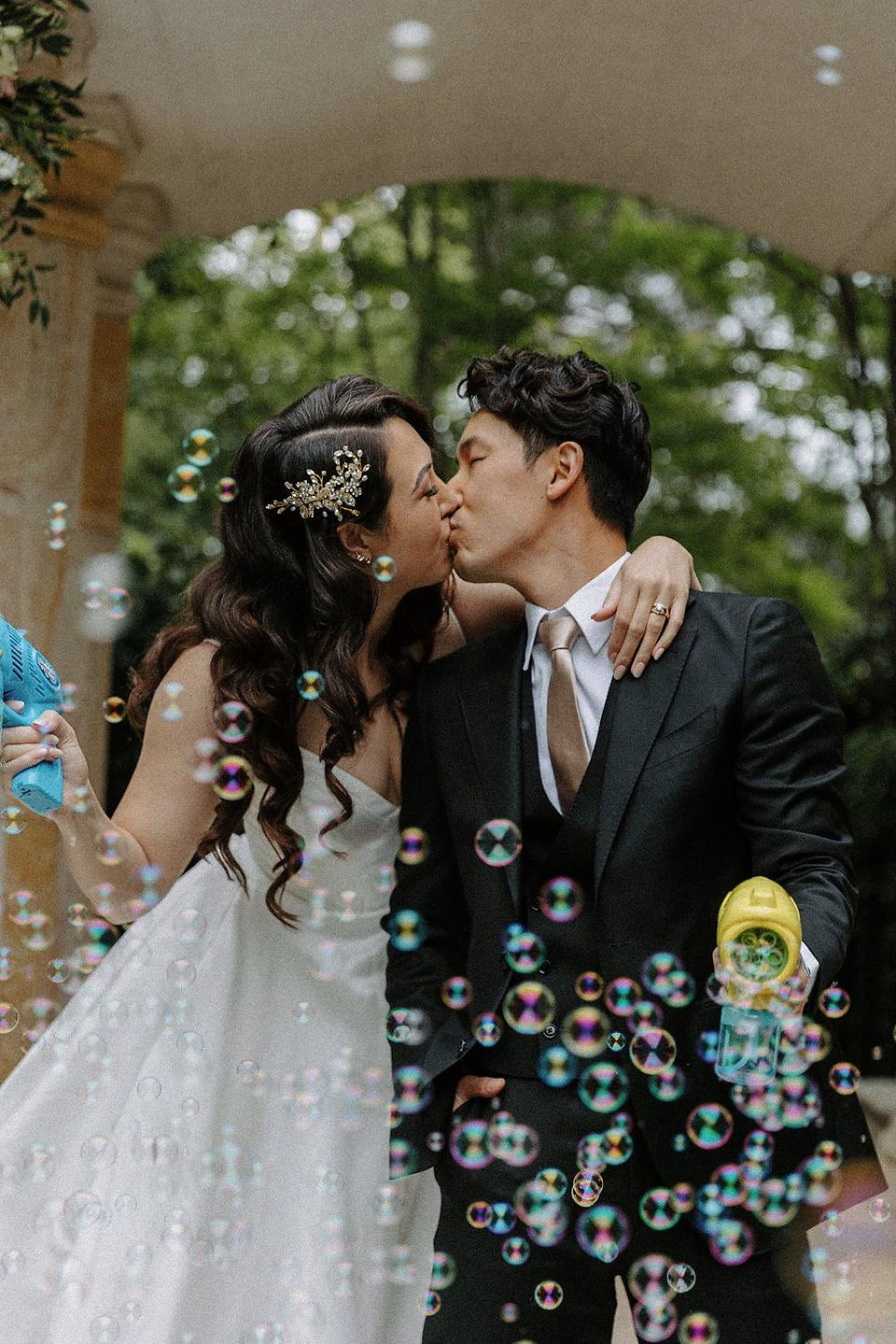 bride and groom bubbles at wedding ceremony