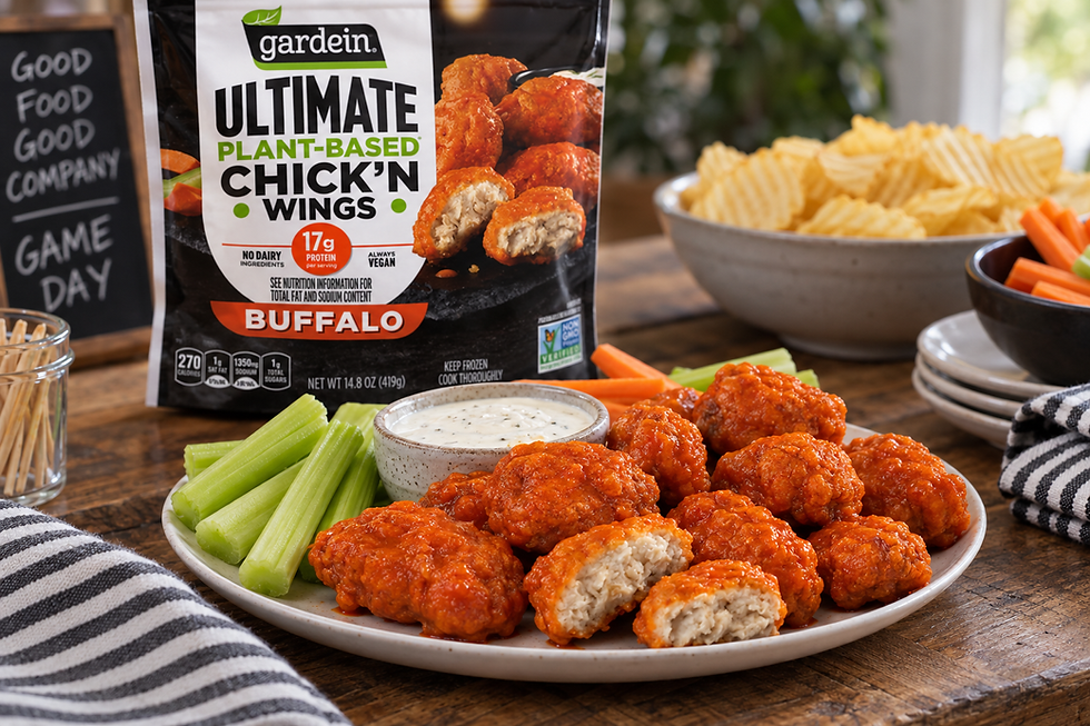 Plant-based buffalo wings served with creamy dipping sauce, fresh celery, carrots, and potato chips on a rustic Game Day table.